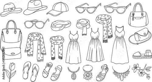 Collection of hand-drawn fashion accessories and clothing items for women