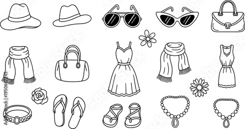 Collection of hand-drawn fashion accessories and clothing items for women
