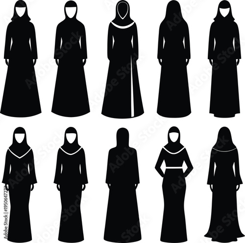 A collection of ten black silhouettes depicting various styles of traditional muslim women attire