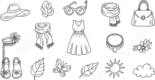 Collection of hand-drawn fashion accessories and nature elements in a doodle style