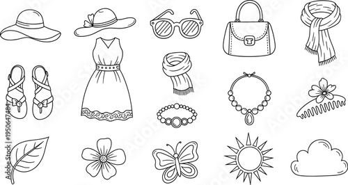 Collection of hand-drawn fashion accessories and summer icons for design