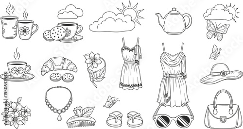 Collection of summer fashion and leisure items in a charming doodle style
