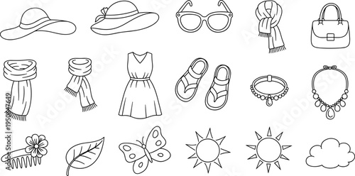 Collection of hand-drawn fashion accessories and summer icons in a simple outline style