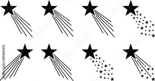 Shooting star silhouette collection, black comet star icons with trails vector illustration set isolated on white background