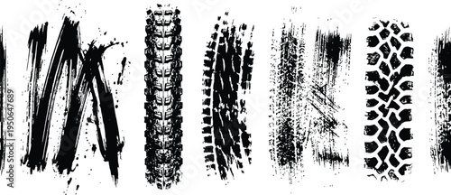 Set of vertical black tire tracks and artistic grunge brush strokes for design projects
