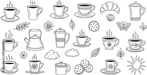 Charming hand-drawn collection of coffee and tea elements with whimsical doodles