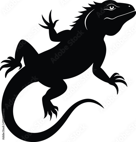 A minimalist black silhouette of an iguana depicted in a dynamic pose against a white background