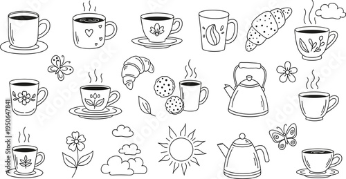 Charming hand-drawn collection of coffee cups, croissants, and teapots for a cozy morning