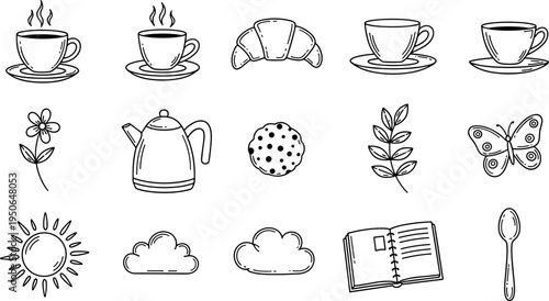 Hand-drawn doodle icons for breakfast, nature, and daily life elements