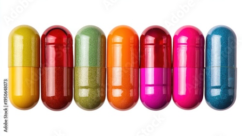 colorful pills capsules white centered composition full body isolated on pure white background studio lighting no shadow under subject high detail sharp focus commercial product photography no enviro