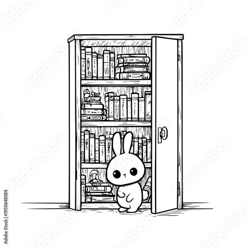 Cute Rabbit Hiding Behind Open Bookshelf Door