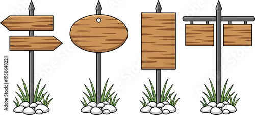 Wooden outdoor signpost collection, rustic blank direction boards with metal pole vector illustration set for navigation and park signage