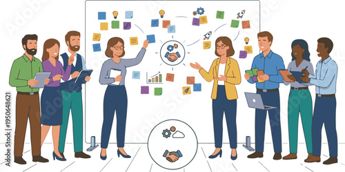 Diverse group assembling large jigsaw puzzle pieces for teamwork