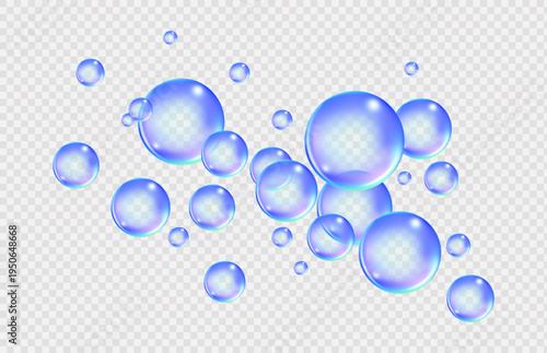 Fizzing air and water blue bubbles with fizzy sparkles on transparent background. Vector texture of bubble gum and collagen bubbles for dreamy design.
