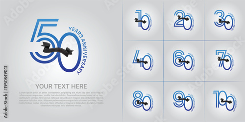 Anniversary logo type set with double line number. blue color with black ribbon can be use special moment