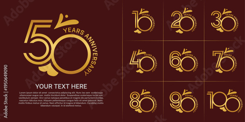 Anniversary logo type set with double line number. golden color with leaf ornament can be use special moment