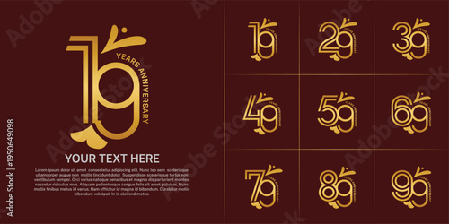 Anniversary logo type set with double line number. golden color with leaf ornament can be use special moment