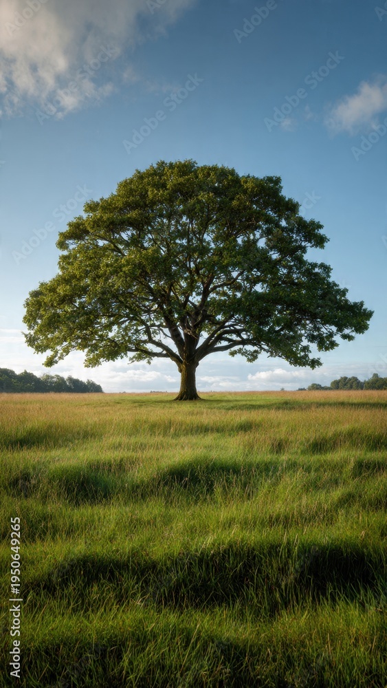 Fototapeta premium Majestic Oak Tree in Sunny Green Field under Blue Sky