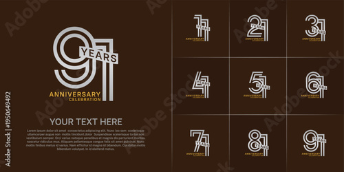 Anniversary logo type set with double line number. silver and gold color with ribbon can be use special moment