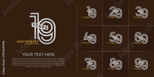 Anniversary logo type set with double line number. silver and gold color with ribbon can be use special moment
