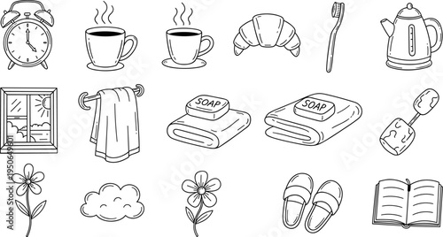 Morning routine doodle icons: alarm clock, coffee, croissant, toothbrush, kettle, window, towel, soap, slippers, book