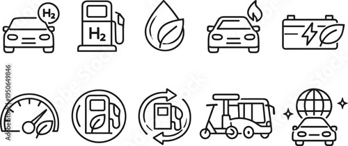 Set of icons representing sustainable transportation and alternative energy vehicles
