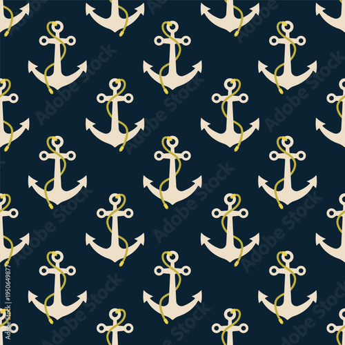Small ship anchors with rope isolated on a dark blue background. Nautical seamless pattern. Simple flat vector graphic illustration. Texture.