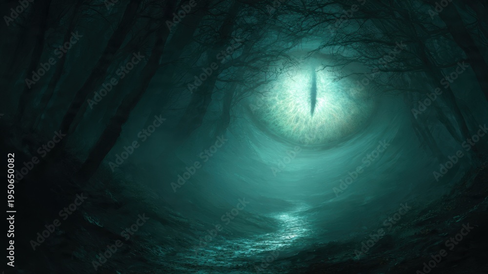 Fototapeta premium Mysterious Glowing Dragon Eye in Dark Fantasy Forest