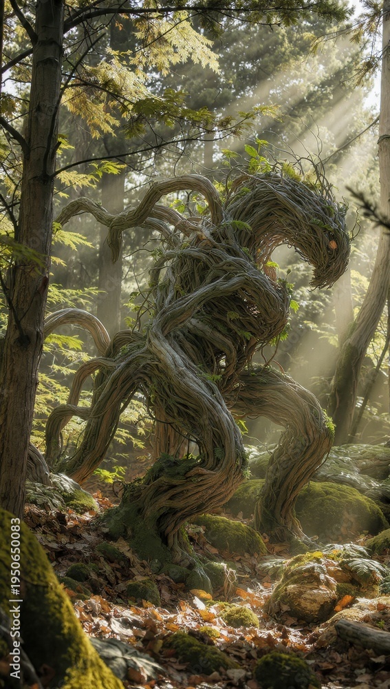 Obraz premium Mysterious Forest Root Creature in Sun-Dappled Woods