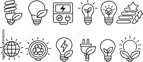 Collection of eco-friendly energy and sustainability icons with light bulbs and recycling symbols