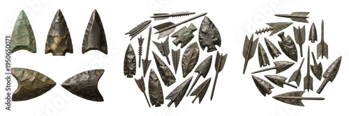 Photos Set and collection of ancient prehistoric stone arrowhead points and flint spear