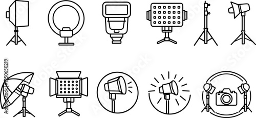 Collection of studio lighting equipment icons for photography and videography