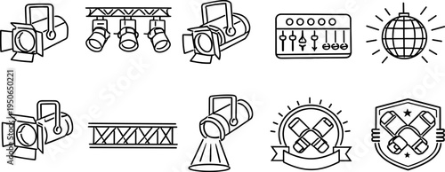 Collection of stage lighting and entertainment icons with spotlights, disco ball, and control panel