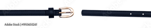 Navy blue skinny leather belt with a gold metallic buckle isolated on transparent background