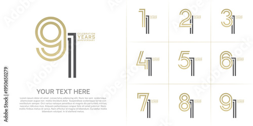 Anniversary set design with double line number. gold and black color for celebration event