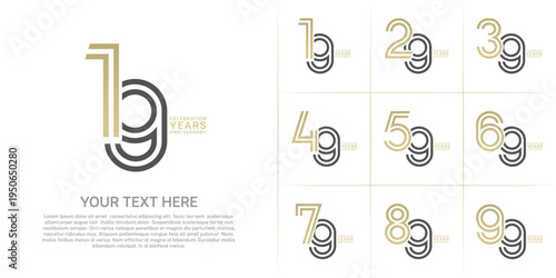 Anniversary set design with double line number. gold and black color for celebration event