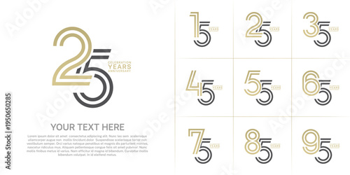 Anniversary set design with double line number. gold and black color for celebration event
