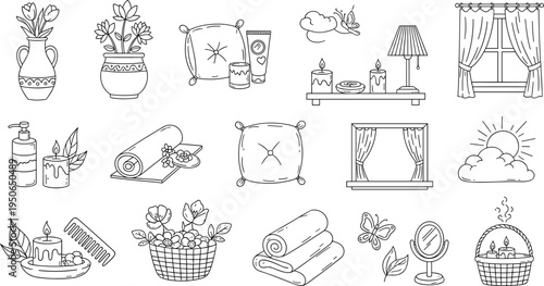 Collection of spa and relaxation elements in a charming hand-drawn doodle style