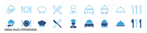 Restaurant service icon set. Food service and dining icons collection, chef hat, cutlery, serving tray and catering concept. Vector illustration.