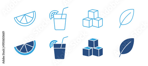 Fresh drink and ingredients icon set. Lemon slice, cocktail glass, ice cubes and leaf icons, beverage and refreshment concept. Vector illustration.