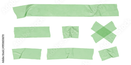Set of light green adhesive masking tape pieces with wrinkles and folds isolated on white background vector illustration