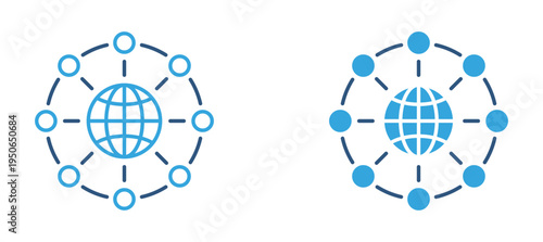 Global network icon set. Connected globe nodes icon, worldwide communication and digital network concept. Vector illustration.