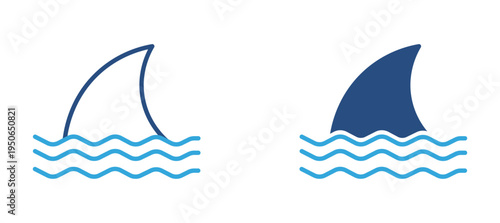 Shark fin icon set. Shark fin above ocean waves icon, sea danger and marine predator concept. Vector illustration.