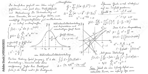 Handwritten mathematical formulas and scientific equations on white background with Gaussian curve graphs and vintage script vector illustration