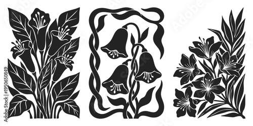 Set of black and white floral silhouette vector illustrations featuring lilies and bell flowers in decorative vintage linocut style