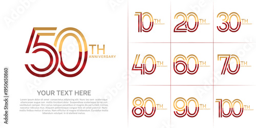 Anniversary set design with double line number. gold and red color for celebration event