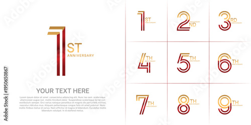 Anniversary set design with double line number. gold and red color for celebration event