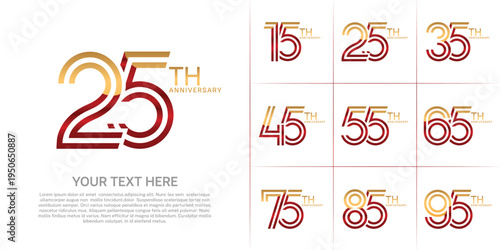 Anniversary set design with double line number. gold and red color for celebration event