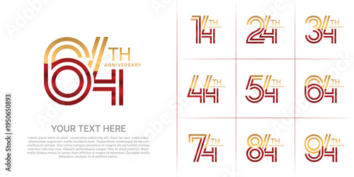 Anniversary set design with double line number. gold and red color for celebration event