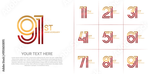 Anniversary set design with double line number. gold and red color for celebration event